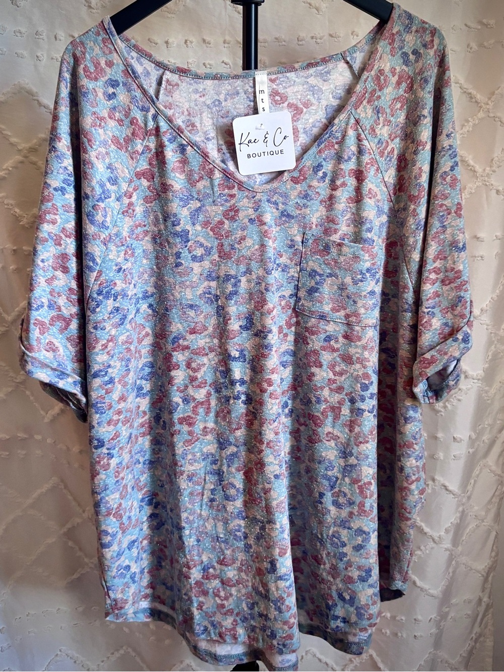 Kae & Co Boutique mts Pastel Leopard Print Oversized Pocket Tee 1X Plus Size